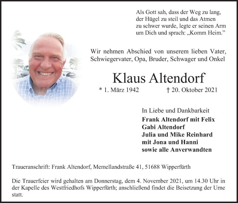  Traueranzeige für Klaus Altendorf vom 23.10.2021 aus Kölner Stadt-Anzeiger / Kölnische Rundschau / Express