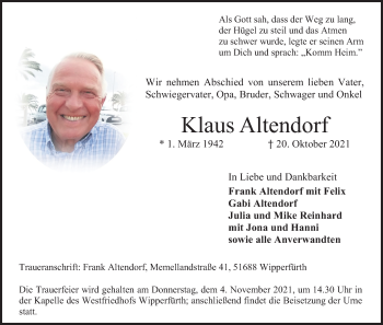Anzeige von Klaus Altendorf von Kölner Stadt-Anzeiger / Kölnische Rundschau / Express