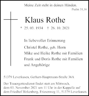 Anzeige von Klaus Rothe von Kölner Stadt-Anzeiger / Kölnische Rundschau / Express