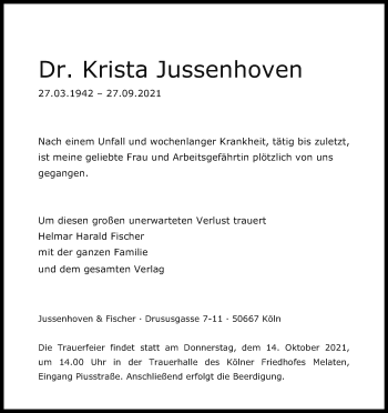 Anzeige von Krista Jussenhoven von Kölner Stadt-Anzeiger / Kölnische Rundschau / Express