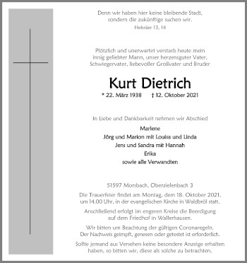 Anzeige von Kurt Dietrich von Kölner Stadt-Anzeiger / Kölnische Rundschau / Express