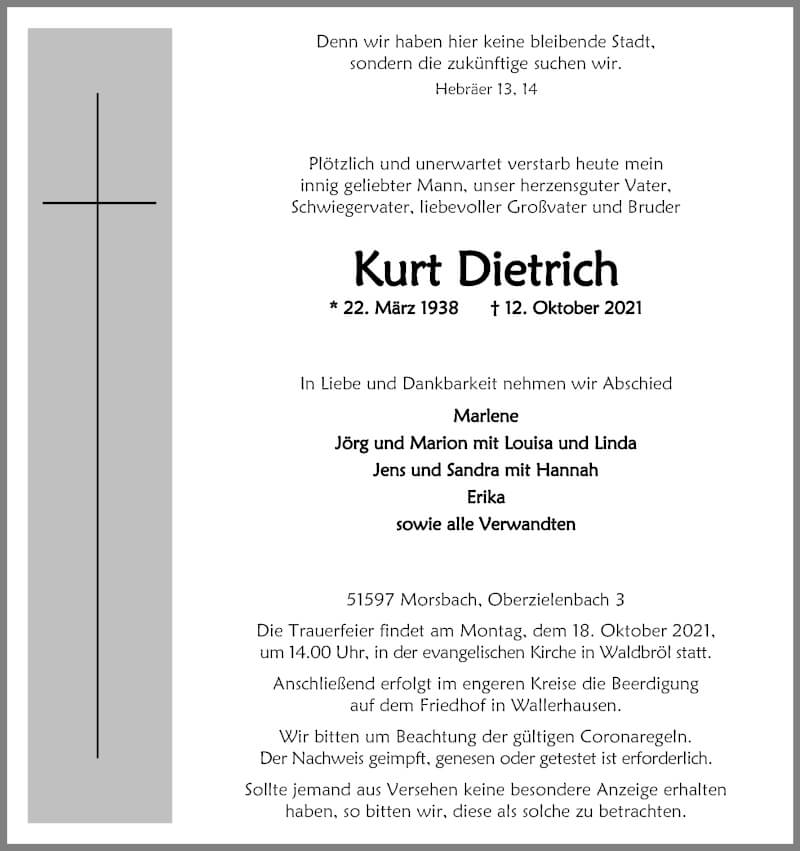  Traueranzeige für Kurt Dietrich vom 16.10.2021 aus Kölner Stadt-Anzeiger / Kölnische Rundschau / Express