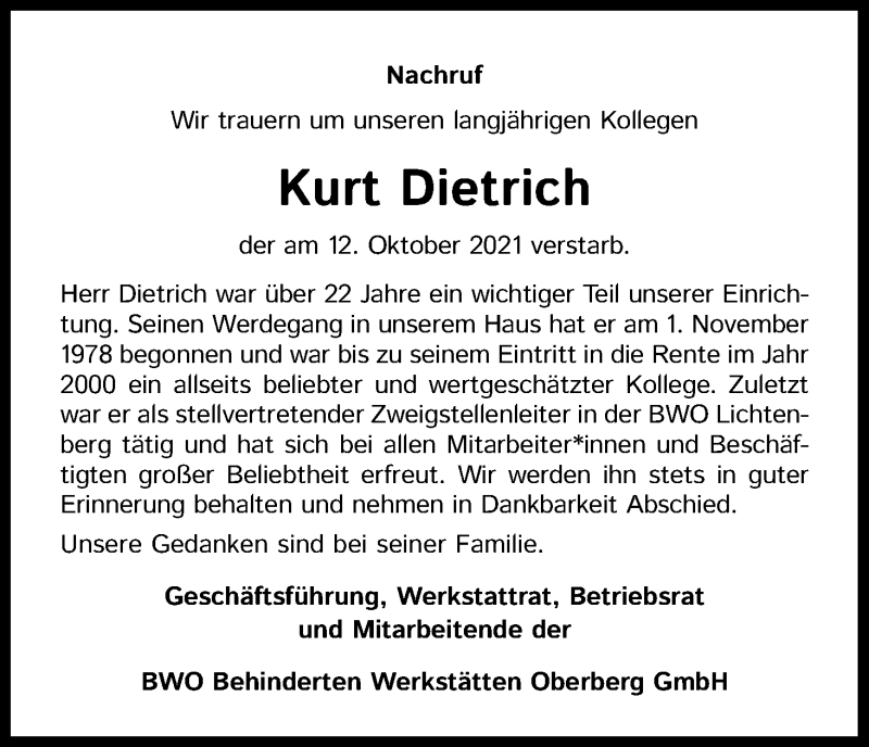  Traueranzeige für Kurt Dietrich vom 23.10.2021 aus Kölner Stadt-Anzeiger / Kölnische Rundschau / Express