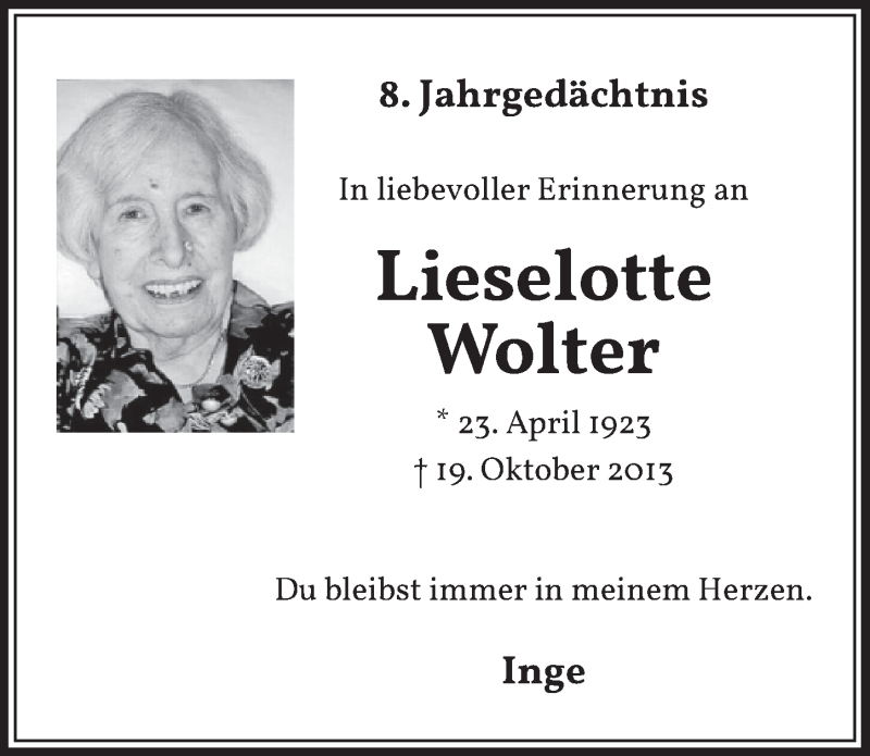  Traueranzeige für Lieselotte Wolter vom 18.07.2023 aus  Werbepost 