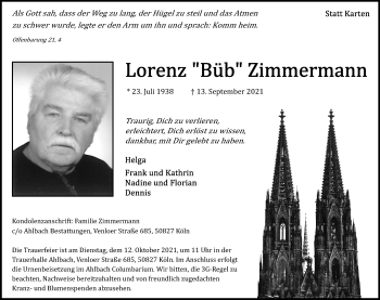 Anzeige von Lorenz Zimmermann von Kölner Stadt-Anzeiger / Kölnische Rundschau / Express