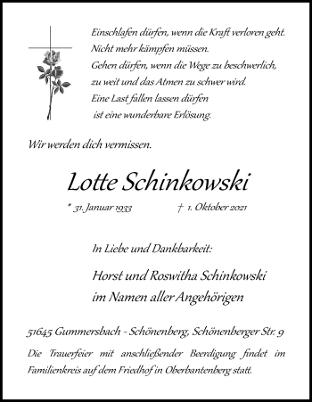 Anzeige von Lotte Schinkowski von Kölner Stadt-Anzeiger / Kölnische Rundschau / Express