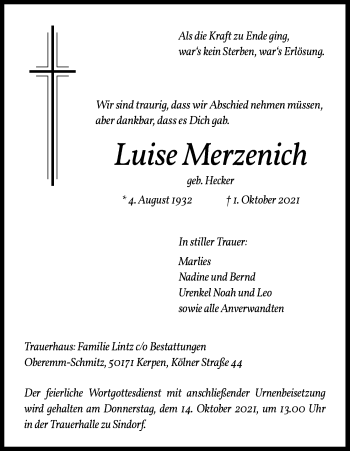 Anzeige von Luise Merzenich von Kölner Stadt-Anzeiger / Kölnische Rundschau / Express