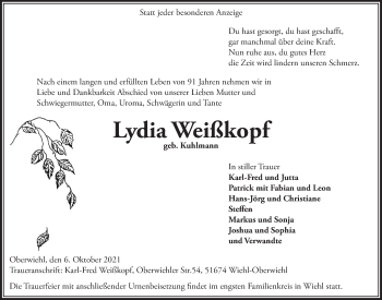 Anzeige von Lydia Weißkopf von  Anzeigen Echo 