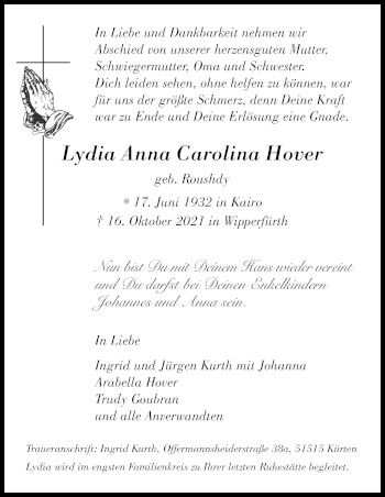 Anzeige von Lydia Anna Carolina Hover von Kölner Stadt-Anzeiger / Kölnische Rundschau / Express