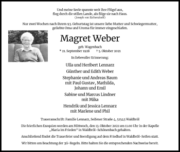 Anzeige von Magret Weber von Kölner Stadt-Anzeiger / Kölnische Rundschau / Express