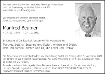 Anzeige von Manfred Beumer von Kölner Stadt-Anzeiger / Kölnische Rundschau / Express