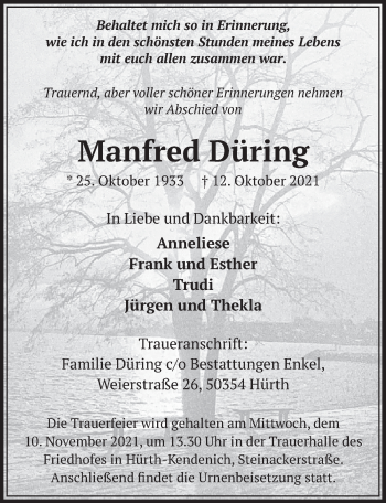 Anzeige von Manfred Düring von  Wochenende 