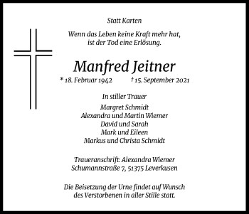 Anzeige von Manfred Jeitner von Kölner Stadt-Anzeiger / Kölnische Rundschau / Express