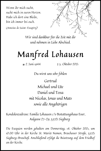 Anzeige von Manfred Lohausen von Kölner Stadt-Anzeiger / Kölnische Rundschau / Express