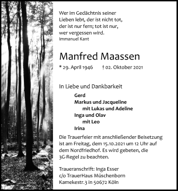 Anzeige von Manfred Maassen von Kölner Stadt-Anzeiger / Kölnische Rundschau / Express