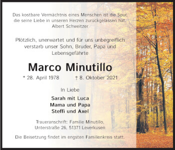 Anzeige von Marco Minutillo von Kölner Stadt-Anzeiger / Kölnische Rundschau / Express