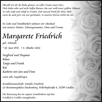 Anzeige von Margarete Friedrich von  Anzeigen Echo 