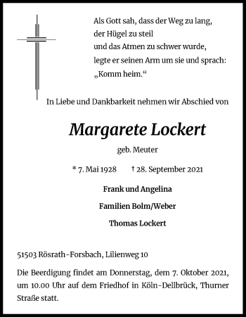 Anzeige von Margarete Lockert von Kölner Stadt-Anzeiger / Kölnische Rundschau / Express