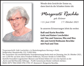 Anzeige von Margarete Reschke von Kölner Stadt-Anzeiger / Kölnische Rundschau / Express