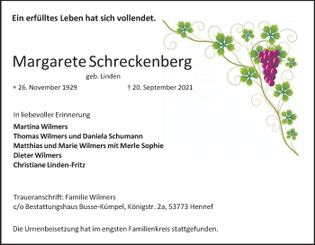 Anzeige von Margarete Schreckenberg von Kölner Stadt-Anzeiger / Kölnische Rundschau / Express