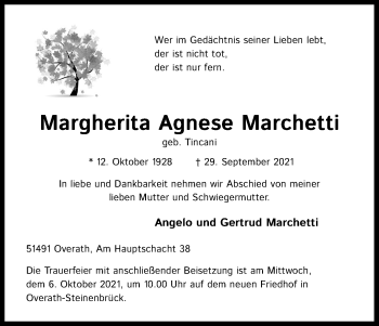 Anzeige von Margherita Agnese Marchetti von Kölner Stadt-Anzeiger / Kölnische Rundschau / Express