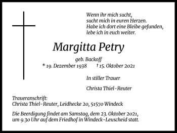 Anzeige von Margitta Petry von Kölner Stadt-Anzeiger / Kölnische Rundschau / Express