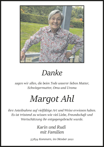 Anzeige von Margot Ahl von  Blickpunkt Euskirchen 