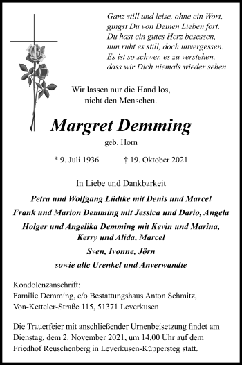 Anzeige von Margret Demming von Kölner Stadt-Anzeiger / Kölnische Rundschau / Express