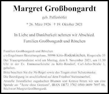 Anzeige von Margret Großbongardt von Kölner Stadt-Anzeiger / Kölnische Rundschau / Express