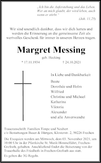Anzeige von Margret Messing von Kölner Stadt-Anzeiger / Kölnische Rundschau / Express