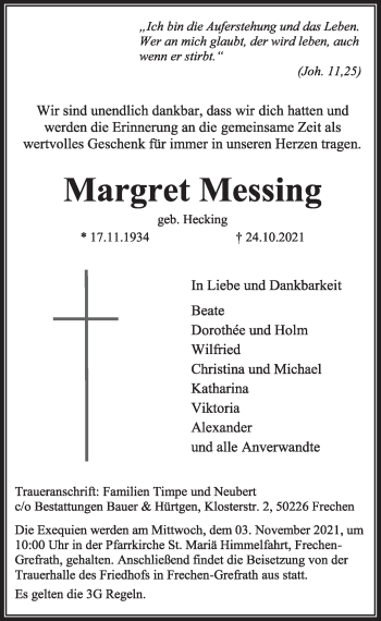 Anzeige von Margret Messing von  Wochenende 