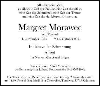 Anzeige von Margret Morawec von Kölner Stadt-Anzeiger / Kölnische Rundschau / Express