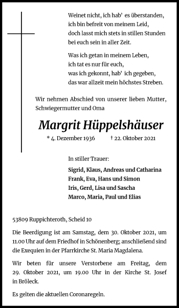 Anzeige von Margrit Hüppelshäuser von Kölner Stadt-Anzeiger / Kölnische Rundschau / Express