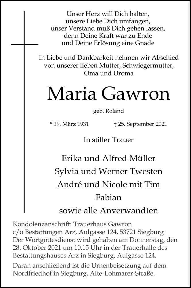  Traueranzeige für Maria Gawron vom 18.07.2023 aus Kölner Stadt-Anzeiger / Kölnische Rundschau / Express