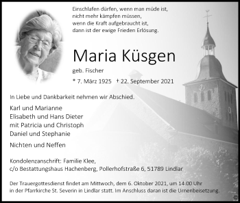 Anzeige von Maria Küsgen von Kölner Stadt-Anzeiger / Kölnische Rundschau / Express