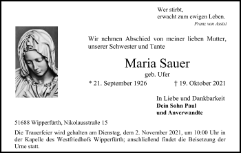 Anzeige von Maria Sauer von Kölner Stadt-Anzeiger / Kölnische Rundschau / Express
