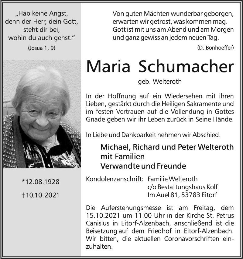  Traueranzeige für Maria Schumacher vom 14.10.2021 aus Kölner Stadt-Anzeiger / Kölnische Rundschau / Express