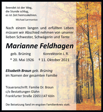 Anzeige von Marianne Feldhagen von  Kölner Wochenspiegel 