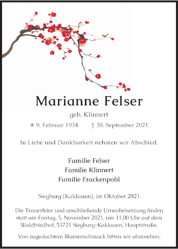 Anzeige von Marianne Felser von Kölner Stadt-Anzeiger / Kölnische Rundschau / Express
