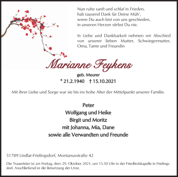 Anzeige von Marianne Feykens von Kölner Stadt-Anzeiger / Kölnische Rundschau / Express