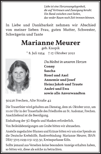 Anzeige von Marianne Meurer von  Wochenende 