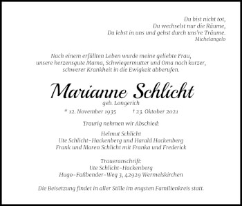 Anzeige von Marianne Schlicht von Kölner Stadt-Anzeiger / Kölnische Rundschau / Express
