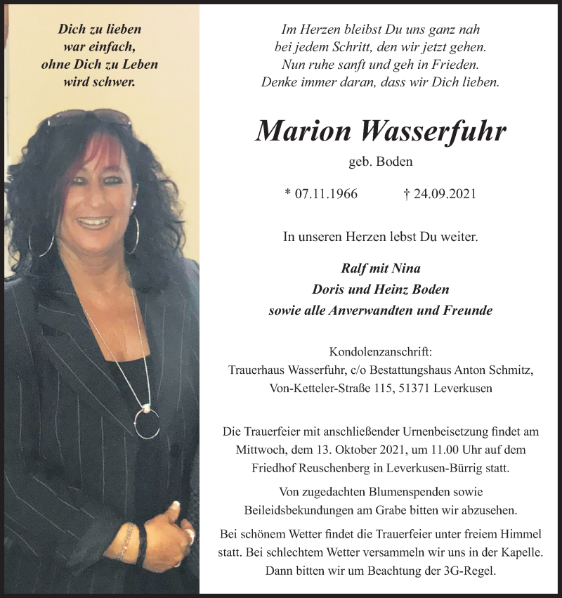  Traueranzeige für Marion Wasserfuhr vom 06.10.2021 aus Kölner Stadt-Anzeiger / Kölnische Rundschau / Express