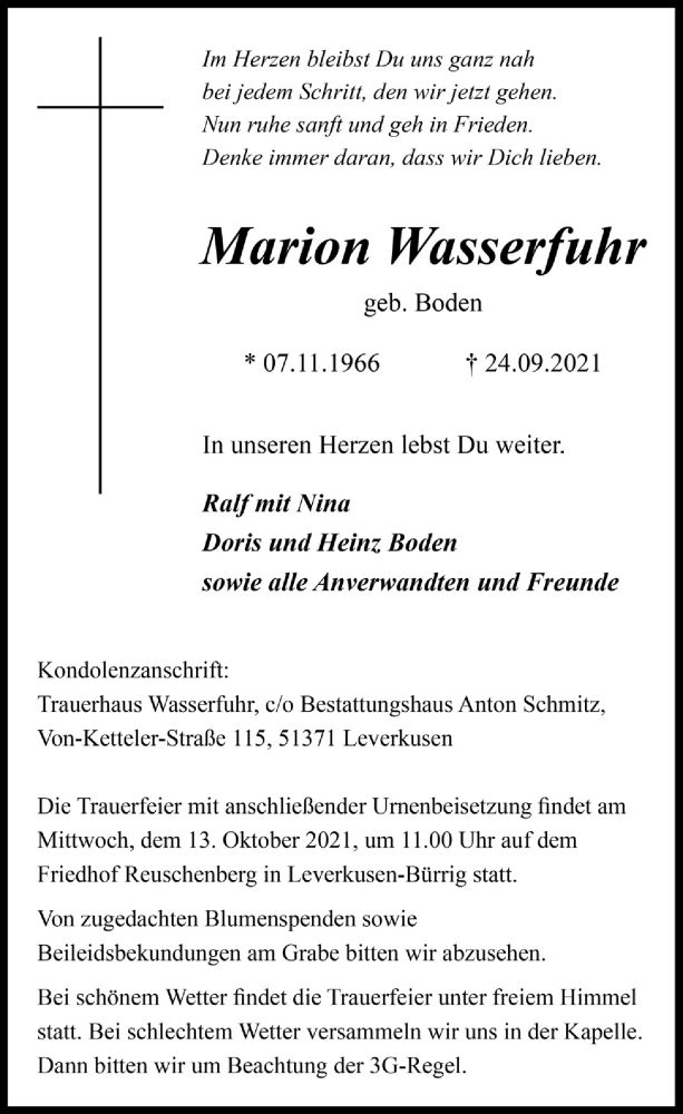  Traueranzeige für Marion Wasserfuhr vom 08.10.2021 aus  Lokale Informationen 