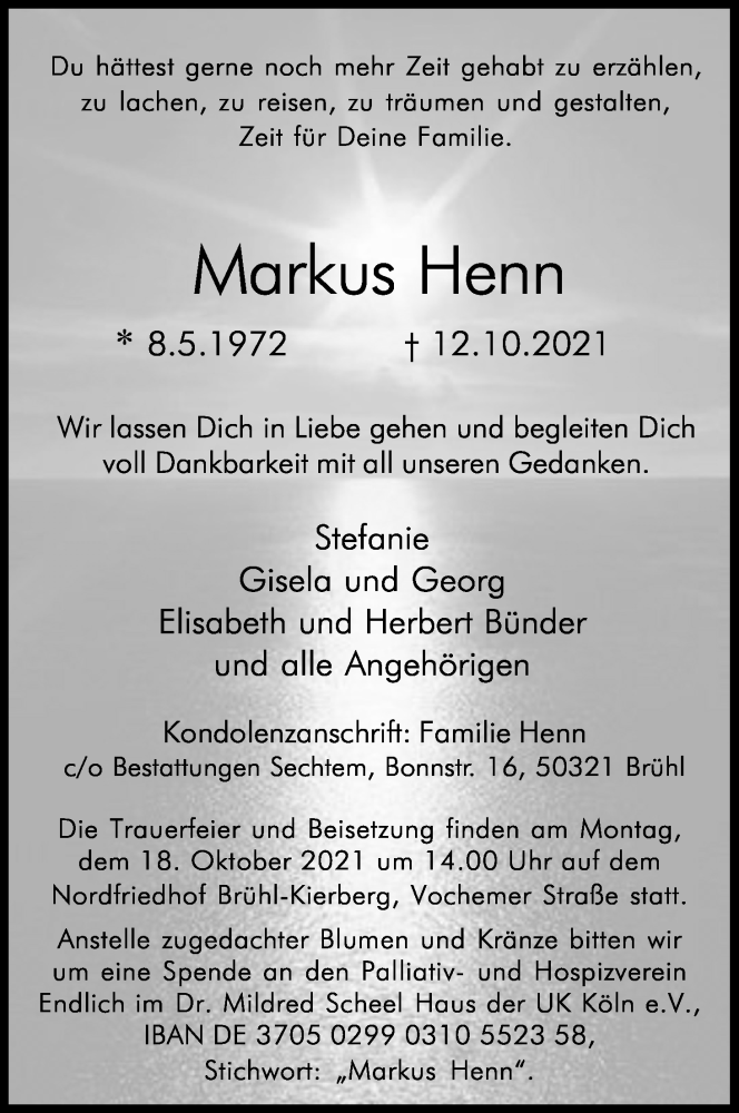  Traueranzeige für Markus Henn vom 14.10.2021 aus Kölner Stadt-Anzeiger / Kölnische Rundschau / Express