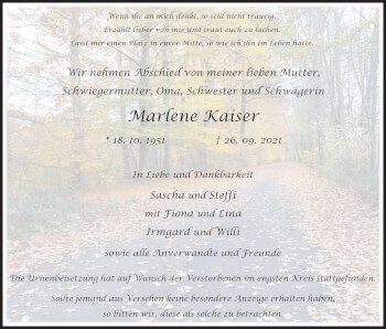 Anzeige von Marlene Kaiser von Kölner Stadt-Anzeiger / Kölnische Rundschau / Express