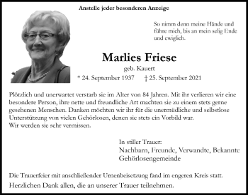 Anzeige von Marlies Friese von  Anzeigen Echo  Extra Blatt 