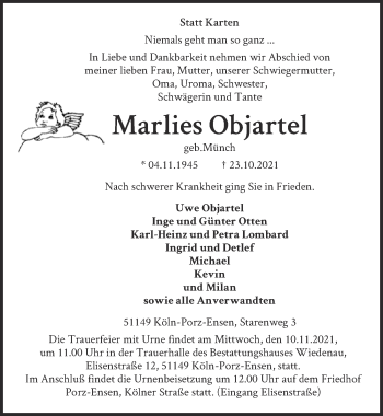 Anzeige von Marlies Objartel von  Kölner Wochenspiegel 