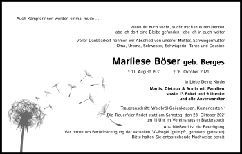Anzeige von Marliese Böser von Kölner Stadt-Anzeiger / Kölnische Rundschau / Express