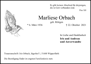 Anzeige von Marliese Orbach von Kölner Stadt-Anzeiger / Kölnische Rundschau / Express